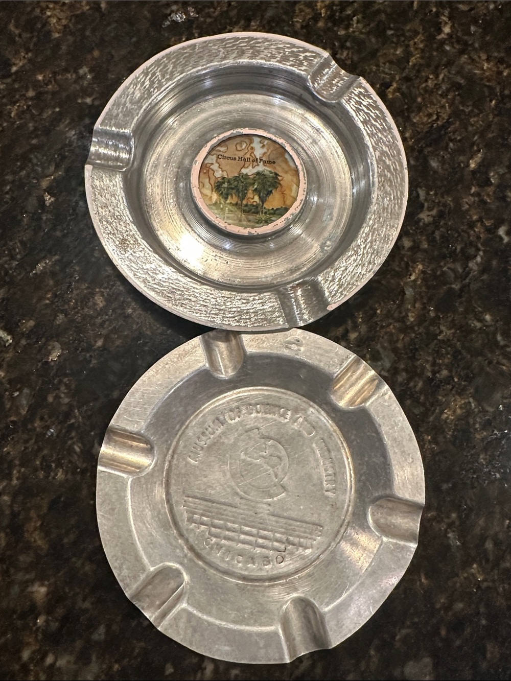 Vintage SET Metal Ashtrays Museum Science Industry Chicago Circus Hall Fame FL